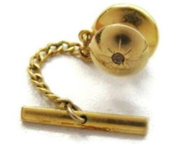 Men Vintage Tie Tack Rhinestone Necktie Lapel Hat Push Pin Gold Tone Chain - £18.59 GBP