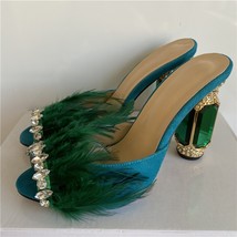 Jeweled Crystal Feather High Heel Sandals Women  Rhinestone Diamond Heel Peep To - £87.27 GBP