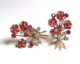 Antique Ruby &amp; Diamond 14K Yellow Gold &amp; Platinum Flower Bunch Earrings  2.88ctw - £1,121.36 GBP