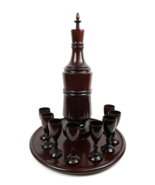 Vintage MCM Decanter Set Wood Mid Century Cordial Footed Cups Glass Tray  - €63,43 EUR