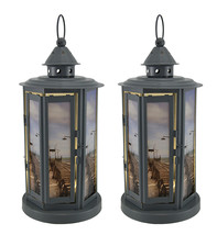 Scratch &amp; Dent Shabby Beach Pier 2 Piece Grey Metal LED Candle Lantern Set - £23.67 GBP