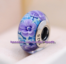Sterling Silver Handmade Lampwork Beads Blue Purple Flowers Murano Glaaa Charm - £3.34 GBP