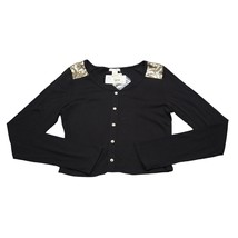 Bozzolo Shirt Womens L Black Long Sleeve Round Neck Button Sequin Stretch Tee - £20.22 GBP