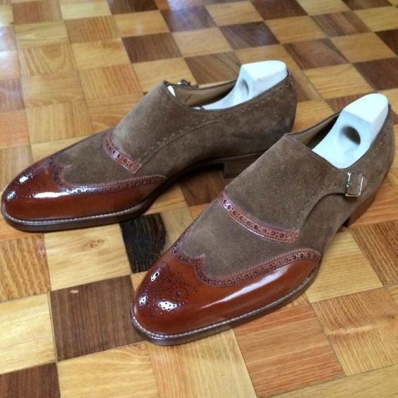 Men Monks Brown Brogue Toe Buckle Strap Suede Finished Cow Leather Shoes US 7-16