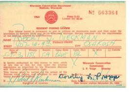 1964 Wisconsin Conservation Commission  Resident Fishing License 1A - £14.95 GBP