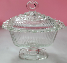 Vintage Indiana Clear Glass Pedestal Lace Edge Covered Candy Dish Wedding Box - £16.02 GBP