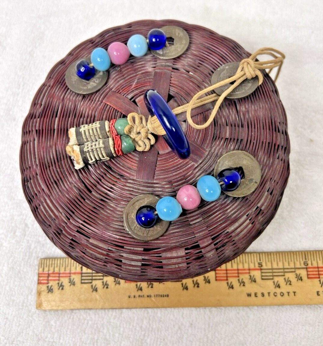 Vintage Chinese Peking Glass & Coin Sewing Basket 5 3/4 Inch Across Item image 8