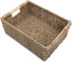 Large Wicker Basket Rectangular With Wooden Handles , Seagrass Basket Storage, - £39.77 GBP