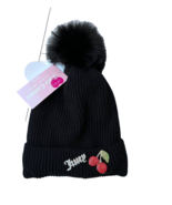 Juicy Couture Cherries Brooch Cuff Rib Pom Beanie Knit Hat Black - $746.72 MXN