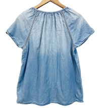 Vintage America Blues Womens M Lellah Chambray Short Sleeve Blouse Fringe Boho  - £19.37 GBP