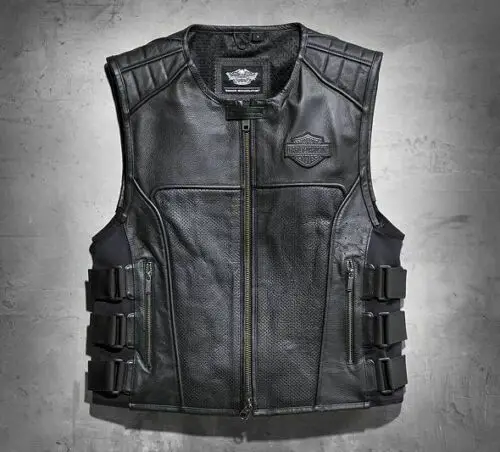 Harley Davidson Men Swat II Biker Cafe Racer Black Motorcycle Leather Vest