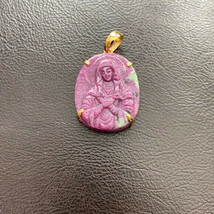 14K Solid Real Gold The Blessed Virgin Mary Carving Natural Ruby Pendant - £440.84 GBP