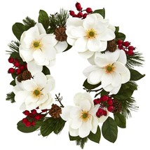 26” Magnolia, Pine And Berries Wreath by Nearly Natural - £58.52 GBP
