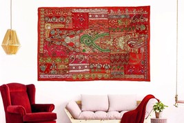 Indian Heavy Hand Embroidered Wall Hanging Vintage Zari Patchwork Beads Tapestry - £58.40 GBP