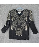 Vintage Showmax Originals Blouse Woman Medium Black Silver Silk Beaded S... - $33.37