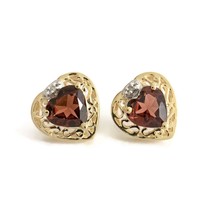 Vintage Filigree Heart Garnet Diamond Stud Earrings 14K Yellow Gold, 2.0... - £314.60 GBP
