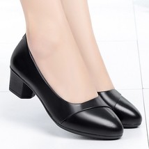 Women Mid Heel Shoes Office Lady Pumps PU Leather Black Basic Square Hee... - £21.93 GBP