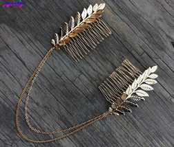  Vintage Renaissance Metal Gold Chain  w/ Leaves Wedding Hair Band with Combs image 2