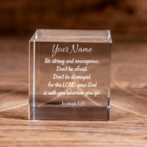 Joshua 1:9 Be Strong and Courageous Square Cut Crystal Cube Personalized Christ - £38.19 GBP+