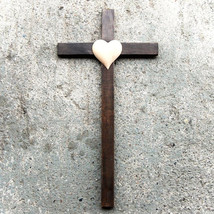Dark Wooden Wall Cross with Heart,Religious Catholic Christian Gifts, Church Sup - £23.41 GBP
