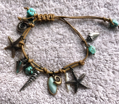 Leather Adjustable Sea Life Bracelet Silver metal charms turquoise stones - £23.55 GBP