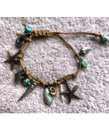 Leather Adjustable Sea Life Bracelet Silver metal charms turquoise stones - $40.96 CAD