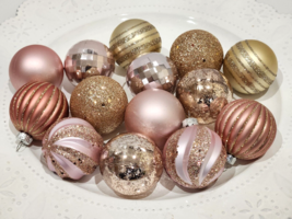 14pc Christmas Shabby Chic Victorian Blush Rose Gold Pink Plastic Ornaments - $21.77