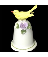 Vintage 80s Porcelain Hand Bell Yellow Canary Bird On Flower Figurine Japan - $24.13