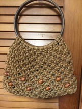 Vtg 1970s Boho Retro Mod Hippy Jute Macrame Beads Shopper Bag Purse Lucite Handl - £39.95 GBP