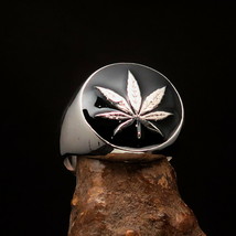 Men&#39;s Ring domed black Cannabis Marihuana Marijuana Leaf - Sterling Silver - £59.33 GBP