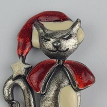 Vintage AJMC Christmas Cat Pin/Brooch Sparkling Enamel Pewter Missing Bell - £7.50 GBP