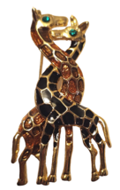 Giraffes Brooch Pin 2 Giraffes Black Brown Enamel Gold Tone Rhinestone Eyes - €10,45 EUR