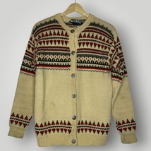 Vintage Dale of Norway Wool Scandinavian Cardigan Sweater Medium Cream Red Green - £56.04 GBP