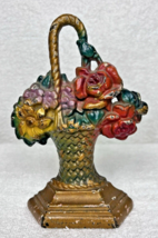 Cast iron Antique Basket of Flower Door Stop Roses Daffodil 7 1/4&quot; Orig ... - $128.21