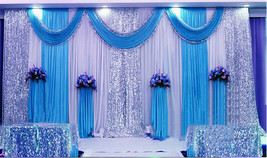 1 PC 3Mx3M Three Fold Blue Wedding Party Decoration Stage Backdrop Silk ... - £65.10 GBP