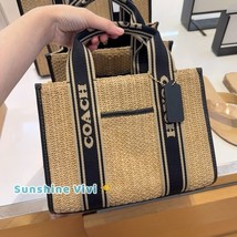 NWT COACH Smith Tote Bag 24 CAL89 Toast Black Crossbody Straw Pebble Lea... - $249.00