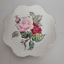 Lefton China Pink Red Rose Plate Hand Painted Gold Trimmed Vintage Collectible - £10.70 GBP