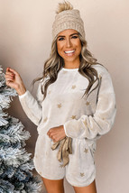White Plush Star Pattern Long Sleeve Pullover and Shorts Lounge Set - $560.50 MXN