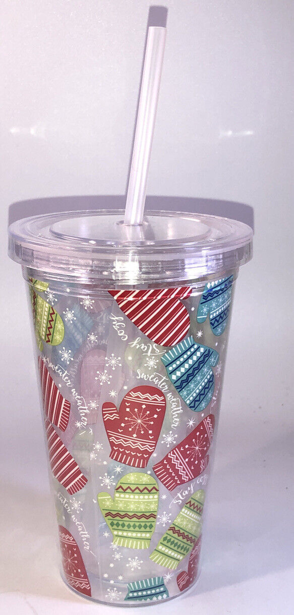 Holiday Christmas”Mittens Gloves”16 Oz Tumbler/Gobelet Cup-BRAND NEW-SHI... - $14.73