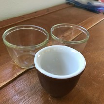 Vintage Lot of 3 Clear Pyrex & Brown Hall Pottery Custard Cups – brown one is 2. - $10.39