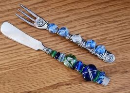Appetizer Fork ~ Spreader ~ Blue Gems &amp; Silver Stainless Steel Hardware ... - $30.00