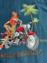 Harley Davidson Men Hawaiian Shirt 100% Silk Embroidered Motorcycle Hula Girl L - £39.40 GBP