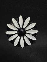 Vintage Large Enamel Flower Brooch Black White Daisy Pin Mod 1960s Jewelry - $25.24