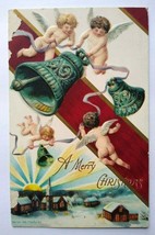 Christmas Postcard Vintage Cherub Angels Holding Bells P Sander Embossed Damage - £10.19 GBP
