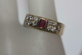 Fine 14K Yellow Gold Ruby &amp; Diamond Accent Band Pinky Ring Size 6.5 - £258.83 GBP