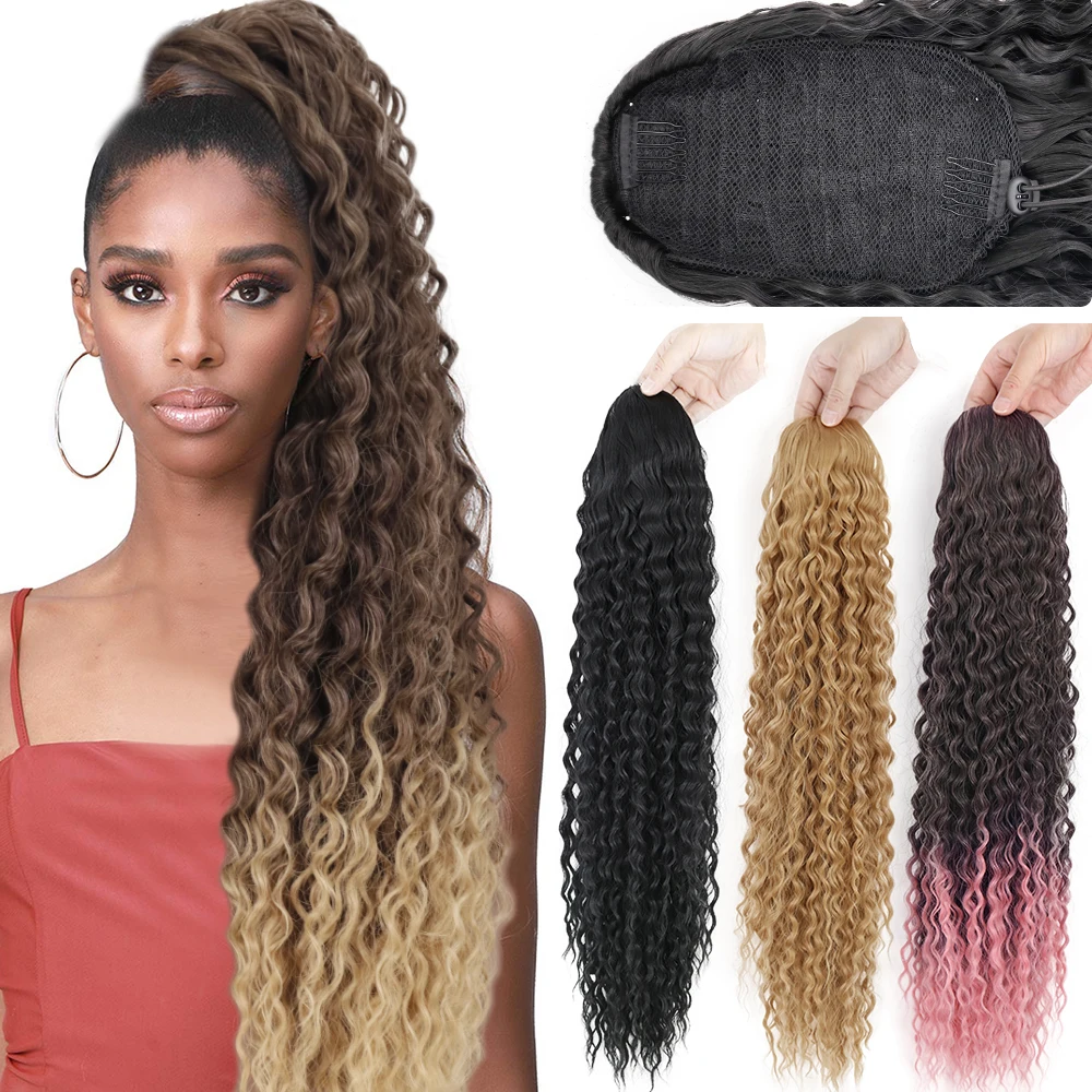 H 65cm kinky curly ponytail clip in hair extension long ombre wrap around fake ponytail thumb200