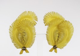 Fun vintage 1960&#39;s bright yellow plastic clip on feather earrings - $19.99