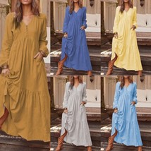 Vintage Cotton and Linen Long-sleeve Dress with Pocket, Boho Plus-size D... - £25.16 GBP