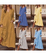 Vintage Cotton and Linen Long-sleeve Dress with Pocket, Boho Plus-size D... - £25.01 GBP