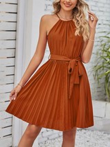 Pleated Tie Waist Sleeveless Mini Dress - $50.00